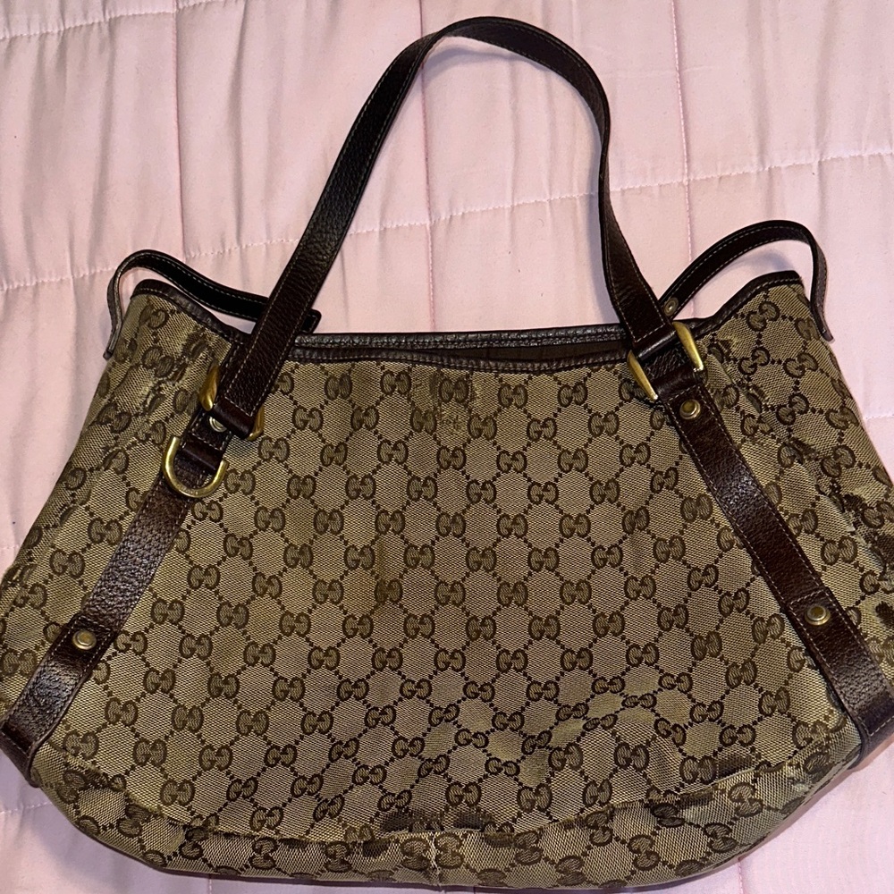 Authentic Gucci Tan and Brown GG Canvas Abby Shoulder Bag